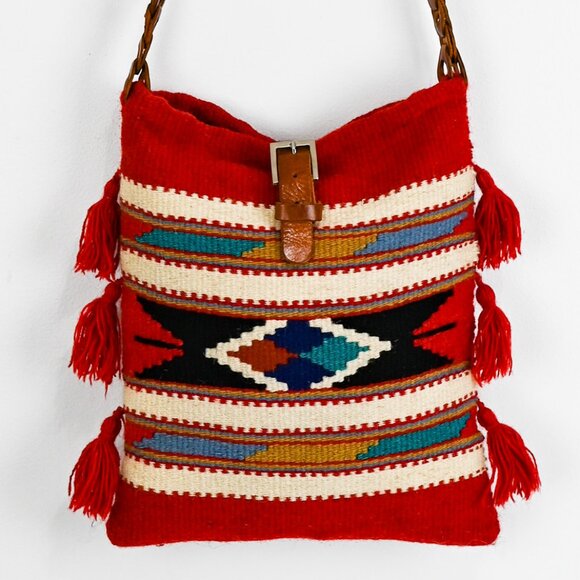 Vintage Aztec Handmade Wool and Leather Tote Handbag with Tassel Details - Picture 3 of 6